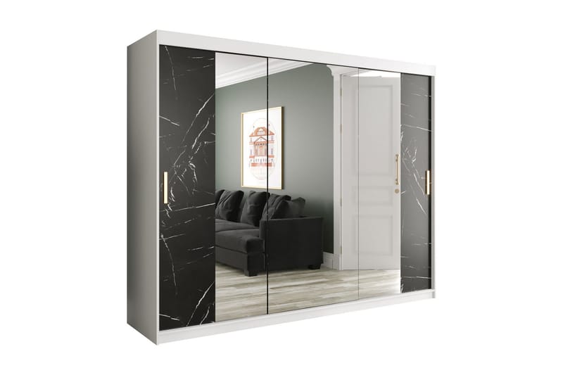 Marmuria Garderob med Speglar Kant 250 cm Marmormönster - Vit/Svart - Garderob & garderobssystem - Klädskåp & fristående garderob