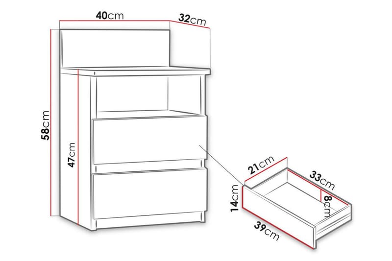 Basildon Sängbord 40 cm med Förvaring 2 Lådor + Hylla - Svart - Sängbord & nattduksbord