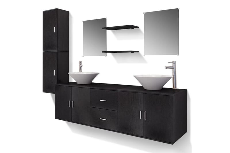 Badrumsmöbler med handfat och kran svart 11 delar - Svart - Kompletta möbelpaket badrum