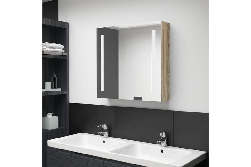 Badrumsskåp med spegel LED ek 62x14x60 cm - Brun - Spegelskåp badrum