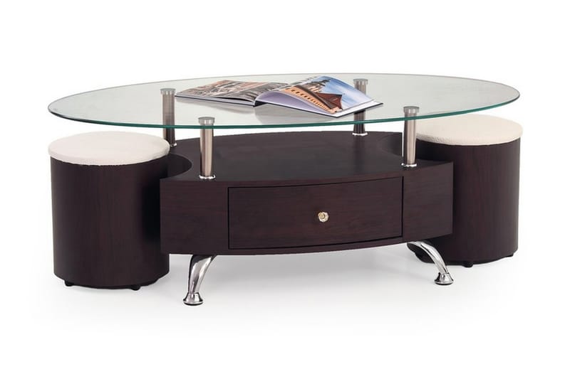 Feliciano Soffbord med Pallar 120 cm Ovalt m Förvaring Hylla - Glas/Körsbärsbrun - Soffbord