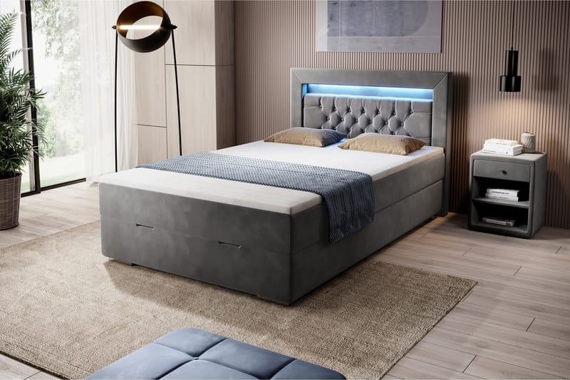 Franco Sängpaket med förvaring 120x200 LED-belysning - 120x200 Grå (+Fler val) - Komplett sängpaket - Sängar med förvaring