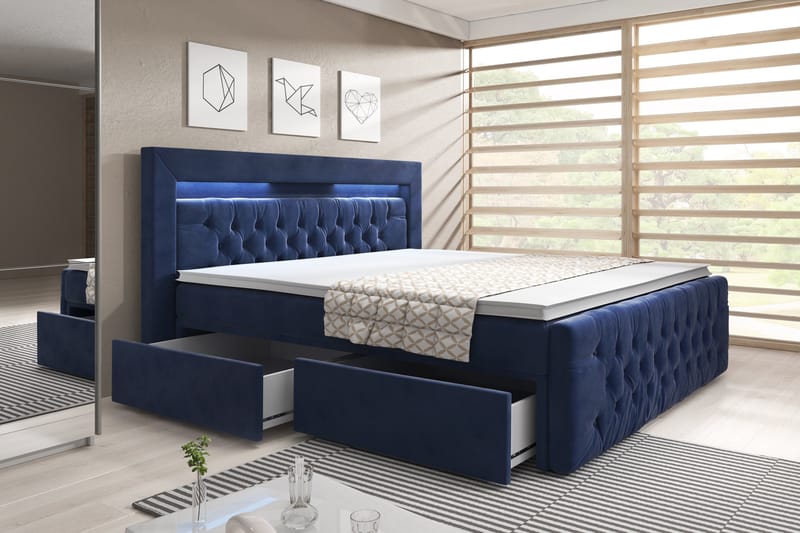 Franco Sängpaket med Förvaring LED-belysning 180x200 cm - 180x200 Mörkblå (+Fler val) - Komplett sängpaket - Sängar med förvaring - Dubbelsäng