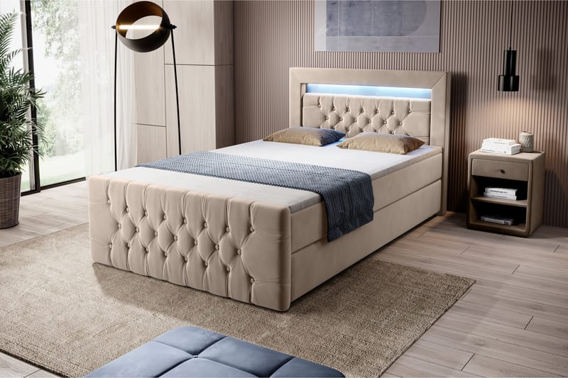 Franco Sängpaket med förvaring 120x200 LED-belysning - 120x200 Beige (+Fler val) - Komplett sängpaket - Sängar med förvaring - Dubbelsäng