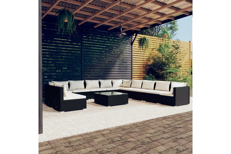 Loungegrupp för trädgården m. dynor 12 delar svart konstrott - Svart/Vit - Altanmöbler - Soffgrupp utomhus - Loungegrupp & Loungeset