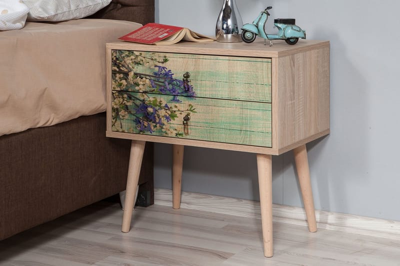 Vellavie Sängbord 60 cm med Förvaring 2 Lådor Körsbärsblom - Teak - Sängbord & nattduksbord