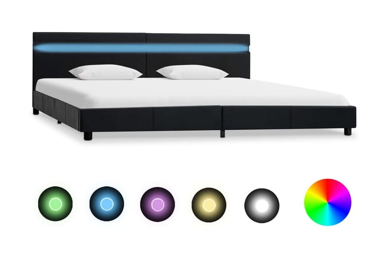 Sängram med LED svart konstläder 180x200 cm - Svart - Sängram & sängstomme