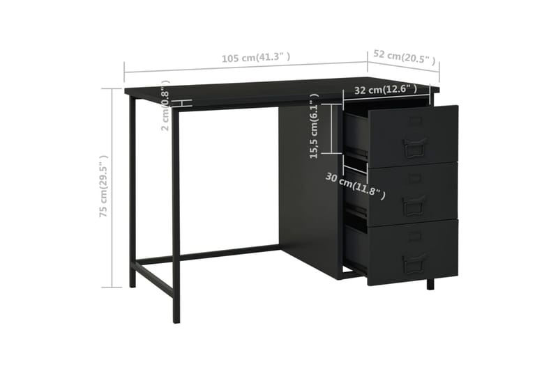 Skrivbord med lådor industriell svart 105x52x75 cm stål - Svart - Skrivbord