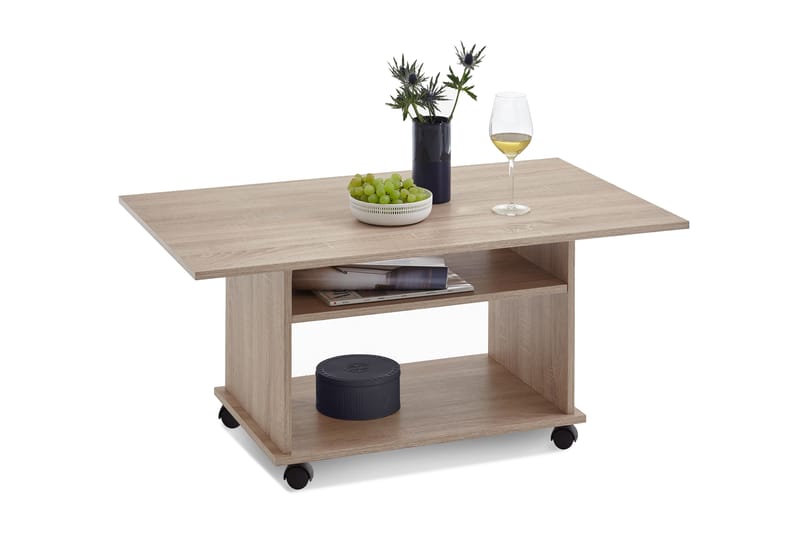 Azur Soffbord 100 cm med Förvaring Hylla på Hjul - Ljus Ekfärg/Grå - Soffbord