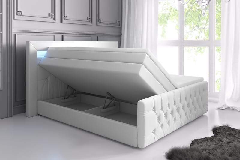 Franco Lyx Sängpaket 140x200LED-belysning - Vit/Konstläder - Komplett sängpaket - Sängar med förvaring - Dubbelsäng