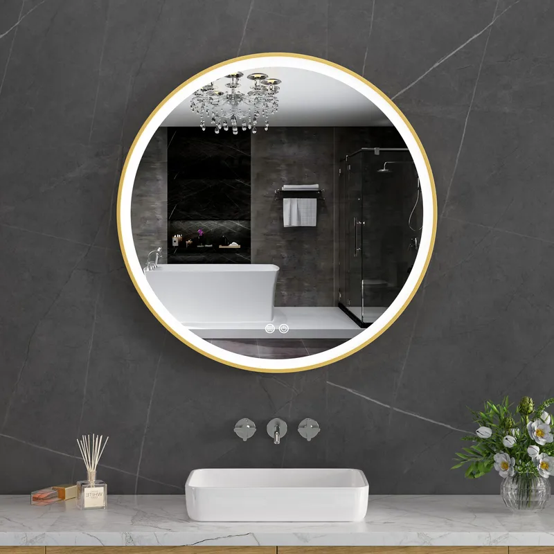 Stilren LED-spegel 80x80cm | Guldaluminiumram| Anti-fog & touch-styrning - Belysning & el - Badrumsbelysning