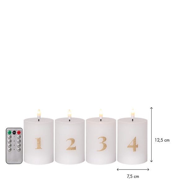 Flamme Advent LED Blockljus 4-pack 7.5 cm - vit med guldsiffror - Belysning & el - Inomhusbelysning & lampor - Dekorationsbelysning