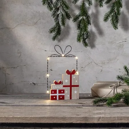 Juldekoration Jolly paket med paket siluett 14,5x25 cm - Röd / Träfärgad / Svart - Belysning & el - Julbelysning - Övrig julbelysning