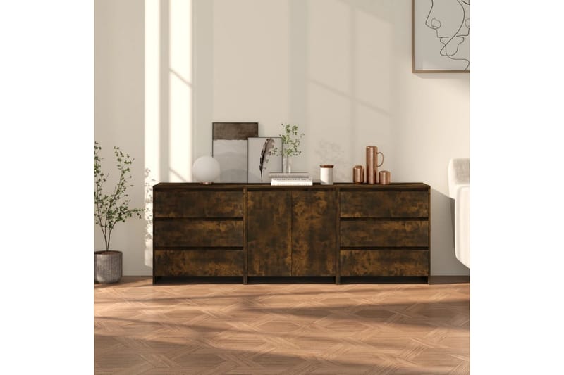 beBasic Sidobord 3 delar rökfärgad ek konstruerat trä - Brown - Sideboard & skänk