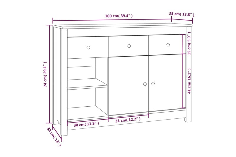 beBasic Skänk 100x35x74 cm massiv furu - Brown - Förvaring - Förvaringsmöbler - Sideboard & skänk