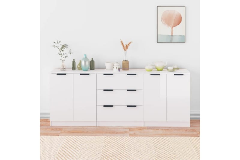 beBasic Skänk 3 delar vit högglans konstruerat trä - White - Sideboard & skänk