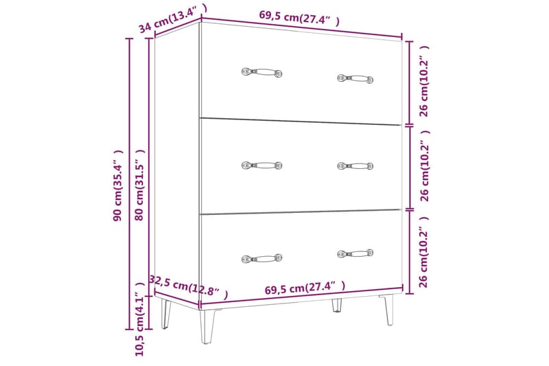 beBasic Skänk brun ek 69,5x34x90 cm konstruerat trä - Brown - Förvaring - Förvaringsmöbler - Sideboard & skänk