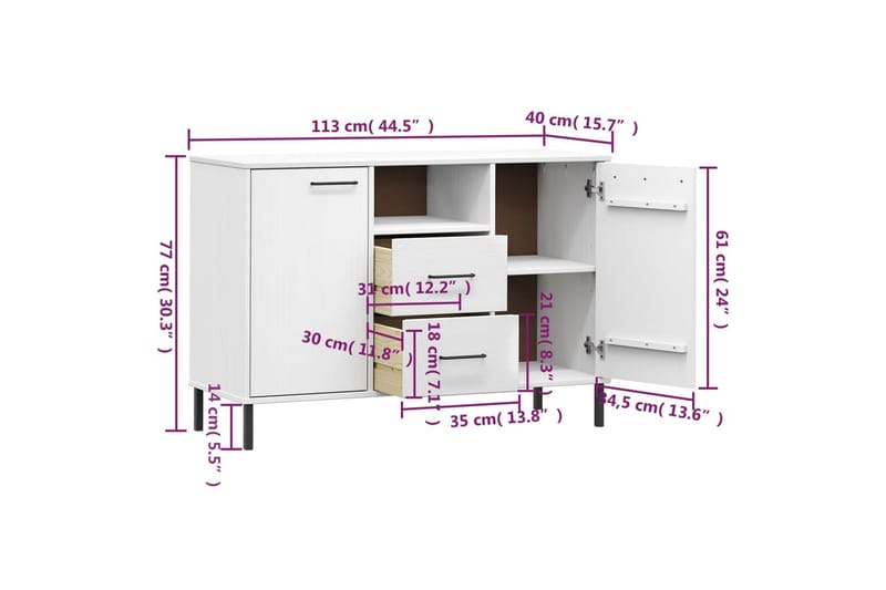 beBasic Skänk med metallben OSLO vit 113x40x77 cm massivt trä - White - Förvaring - Förvaringsmöbler - Sideboard & skänk