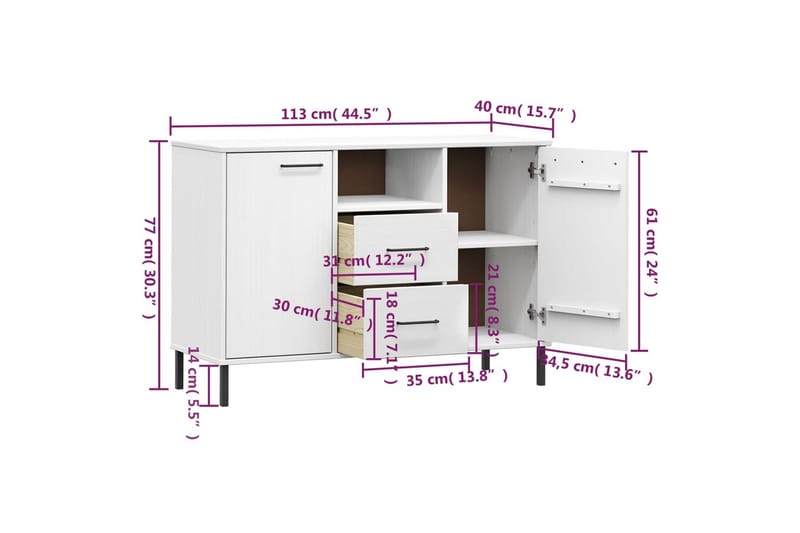 beBasic Skänk med metallben OSLO vit 113x40x77 cm massivt trä - White - Sideboard & skänk