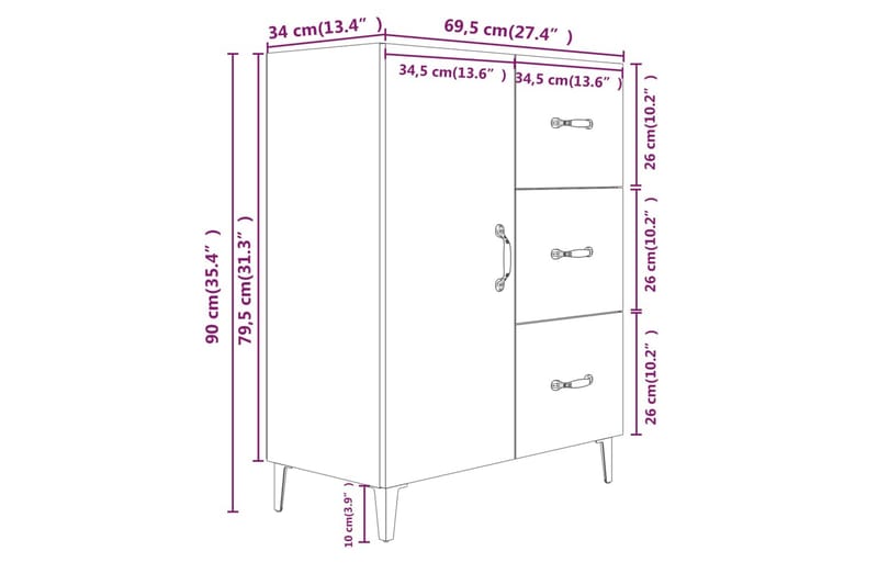 beBasic Skänk rökfärgad ek 69,5x34x90 cm konstruerat trä - Brown - Förvaring - Förvaringsmöbler - Sideboard & skänk