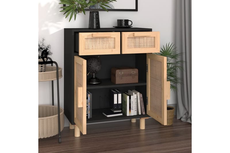 beBasic Skänk svart 60x30x75 cm massiv furu och naturlig rotting - Black - Förvaring - Förvaringsmöbler - Sideboard & skänk