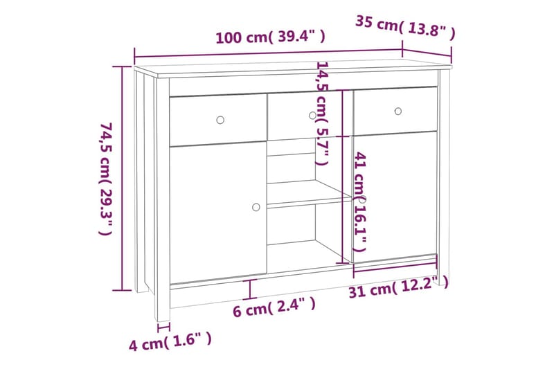 beBasic Skänk vit 100x35x74,5 cm massiv furu - White - Sideboard & skänk