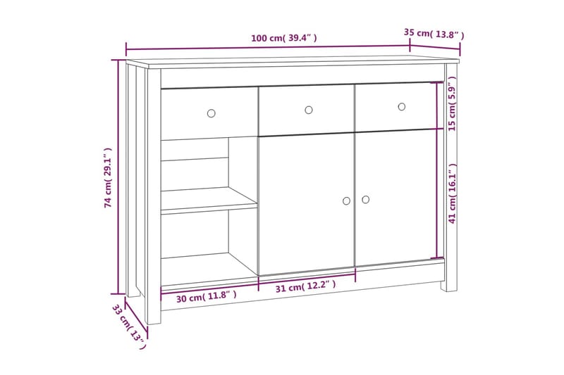 beBasic Skänk vit 100x35x74 cm massiv furu - White - Förvaring - Förvaringsmöbler - Sideboard & skänk