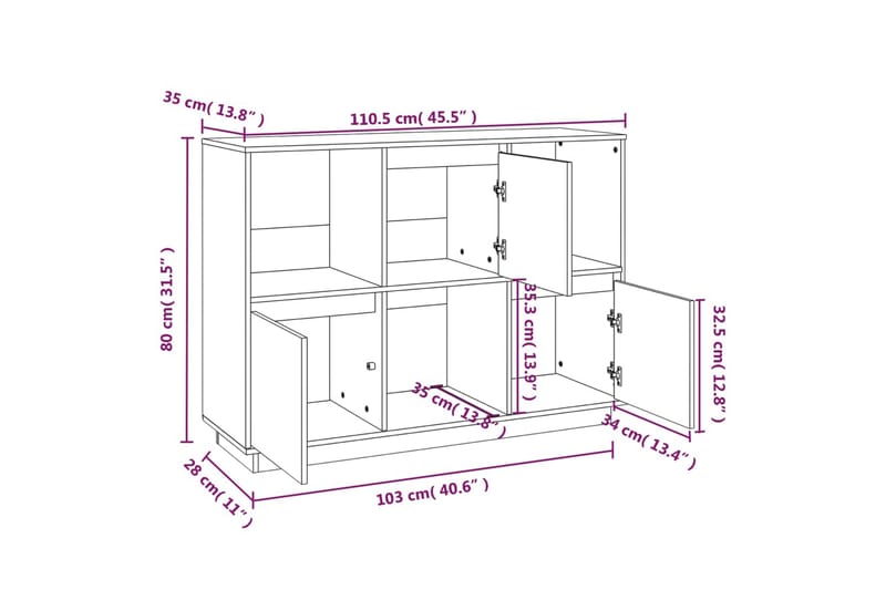 beBasic Skänk vit 110,5x35x80 cm massiv furu - White - Sideboard & skänk