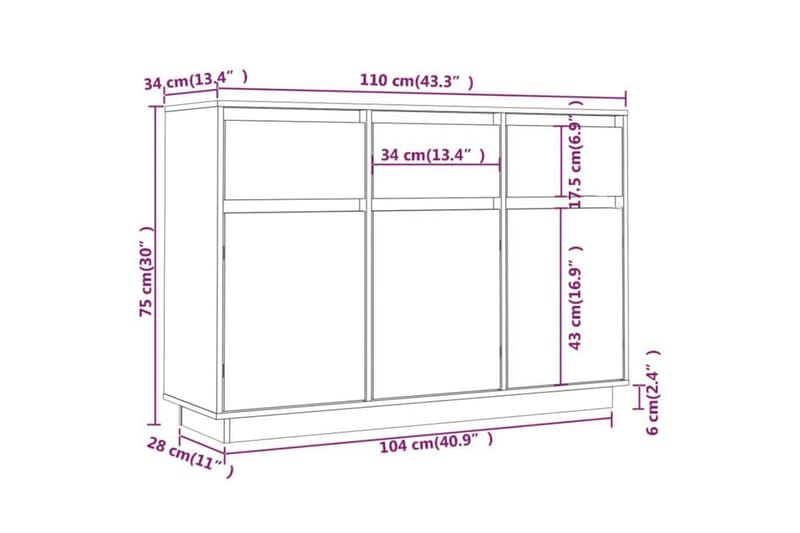 beBasic Skänk vit 110x34x75 cm massiv furu - White - Sideboard & skänk