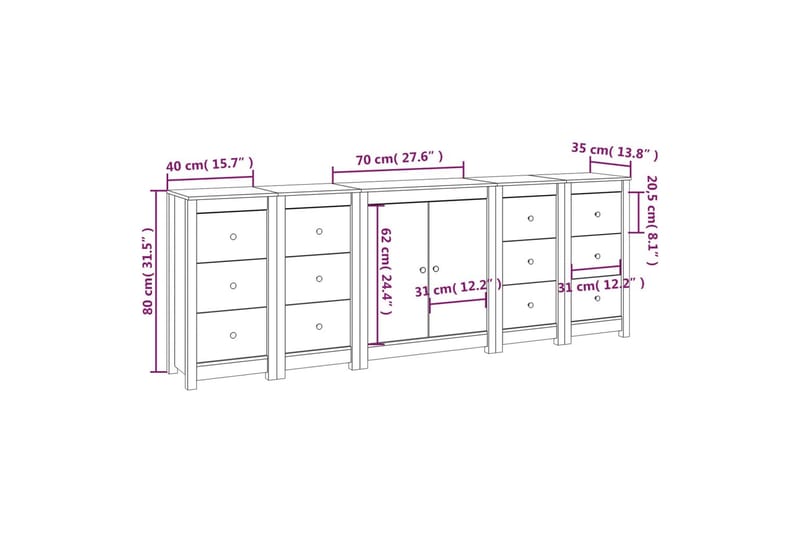 beBasic Skänk vit 230x35x80 cm massiv furu - Brown - Förvaring - Förvaringsmöbler - Sideboard & skänk