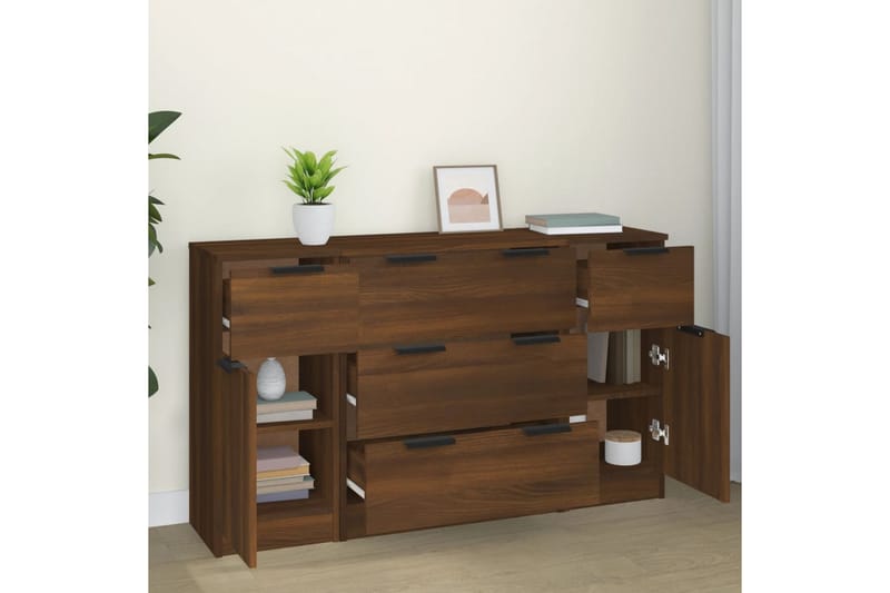 beBasic Skänkar 3 delar brun ek konstruerat trä - Brown - Sideboard & skänk