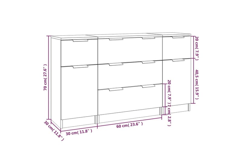 beBasic Skänkar 3 delar grå sonoma konstruerat trä - Grey - Förvaring - Förvaringsmöbler - Sideboard & skänk