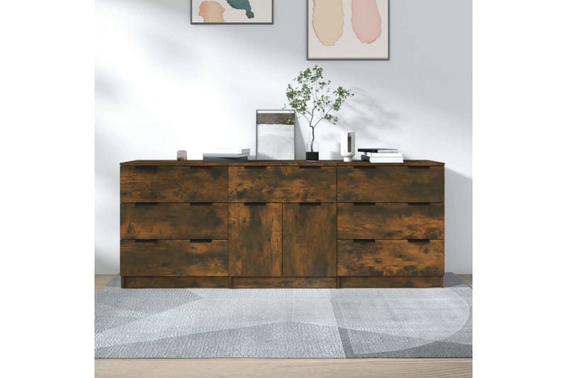 beBasic Skänkar 3 delar rökfärgad ek konstruerat trä - Brown - Sideboard & skänk