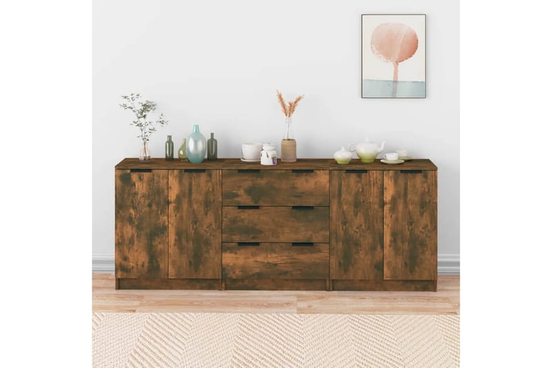 beBasic Skänkar 3 delar rökfärgad ek konstruerat trä - Brown - Sideboard & skänk