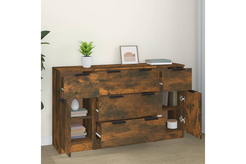 beBasic Skänkar 3 delar rökfärgad ek konstruerat trä - Brown - Förvaring - Förvaringsmöbler - Sideboard & skänk