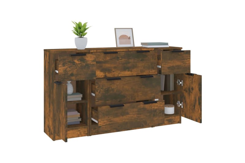 beBasic Skänkar 3 delar rökfärgad ek konstruerat trä - Brown - Förvaring - Förvaringsmöbler - Sideboard & skänk