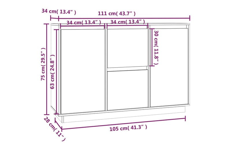 beBasic Skåp vit 111x34x75 cm massiv furu - White - Sideboard & skänk