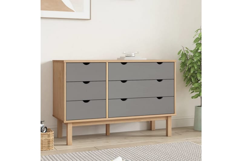 beBasic Byrå brun och grå 113,5x39,5x73 cm massivt furuträ - Grey - Hallförvaring - Hallbyrå - Byrå