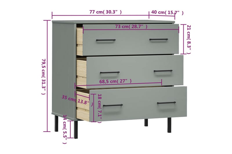 beBasic Byrå med 3 lådor OSLO grå 77x40x79,5 cm massivt trä - Grey - Förvaring - Förvaringsmöbler - Byrå - Hallbyrå