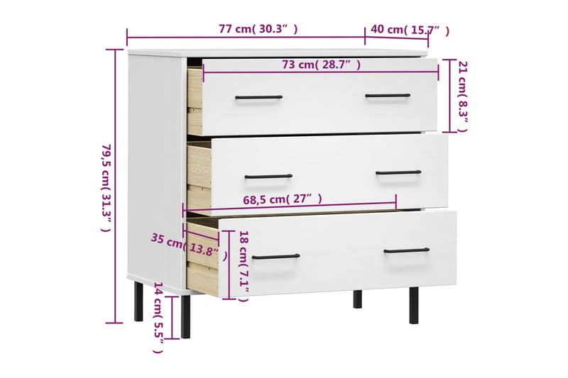 beBasic Byrå med 3 lådor vit OSLO 77x40x79,5 cm massivt trä - White - Hallförvaring - Hallbyrå - Byrå