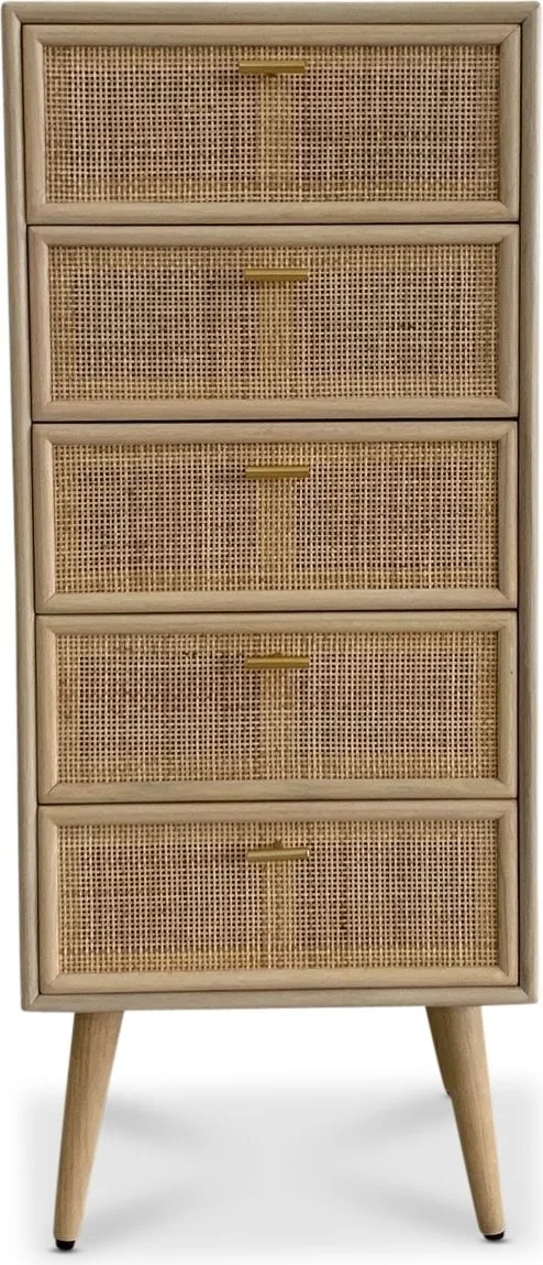 Byrå i rotting med 5 lådor - React, Ljus ek / mässing