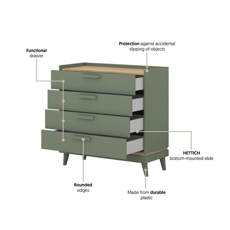 Byrå Scandi med 4 lådor - Dämpad grön - Oljad ek - Förvaring - Förvaringsmöbler - Byrå - Hallbyrå