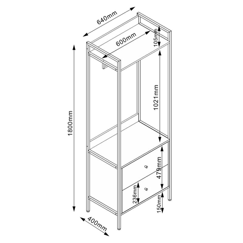 Hallhylla Hannes 64x40x180 cm rustic melamin med lådor - brun - Förvaring - Hylla - Hatthylla