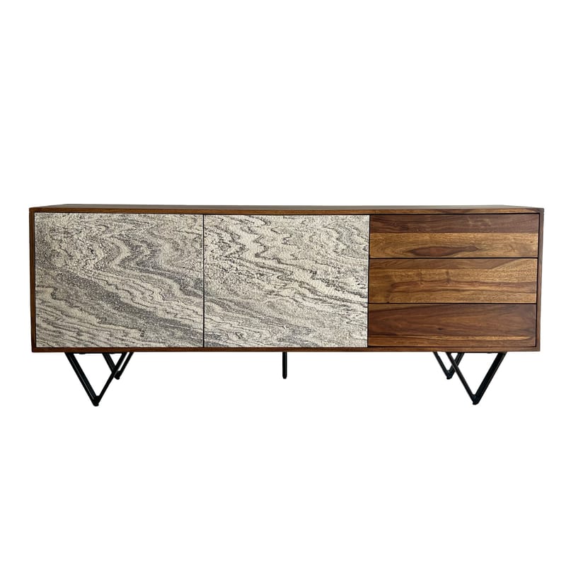 Jesvik Skänk 175x71x40 cm i massivt sheeshamträ med fronter i stenlook - vit och naturligt trä - Förvaring - Förvaringsmöbler - Sideboard & skänk