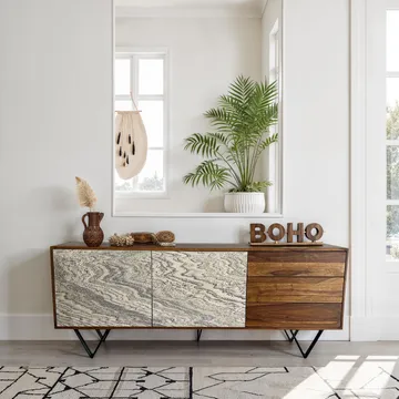 Jesvik Skänk 175x71x40 cm i massivt sheeshamträ med fronter i stenlook - vit och naturligt trä - Förvaring - Förvaringsmöbler - Sideboard & skänk