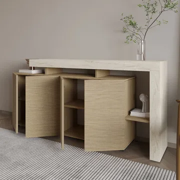 Jurukovo Konsol 170x80x35 cm - Travertin och varm ek - Förvaring - Förvaringsmöbler - Sideboard & skänk