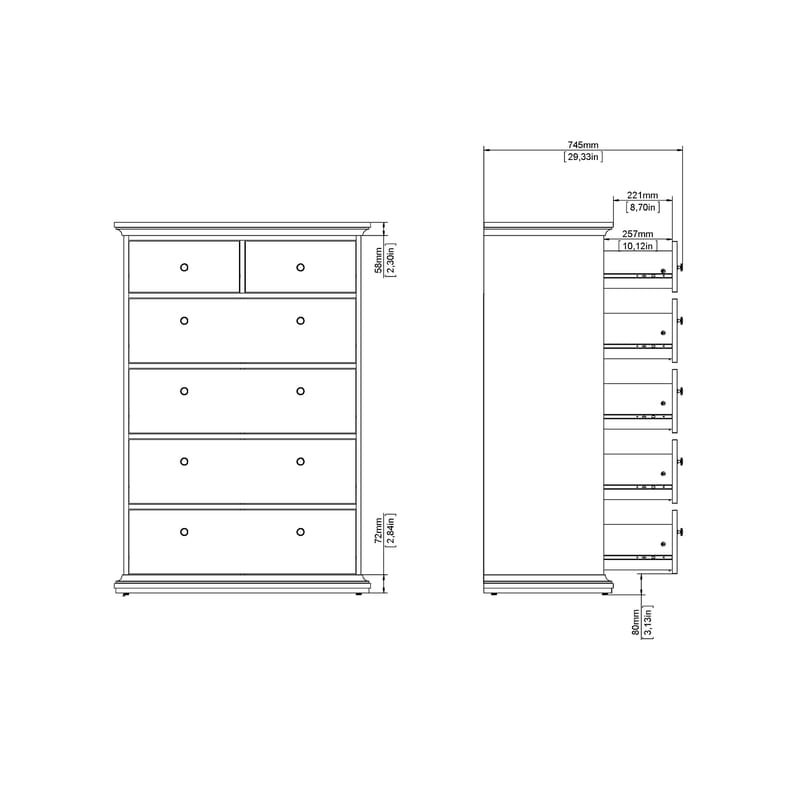 Paris Byrå med 6 lådor 96x48x140 cm - Förvaring - Förvaringsmöbler - Byrå