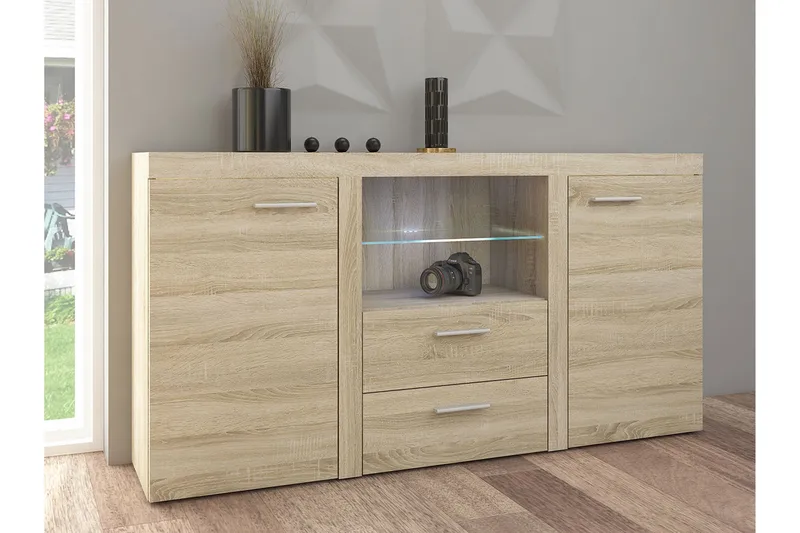 Rumba Skänk 157x40x81 cm - Ek/Vit Led-Belysning - Förvaring - Förvaringsmöbler - Sideboard & skänk