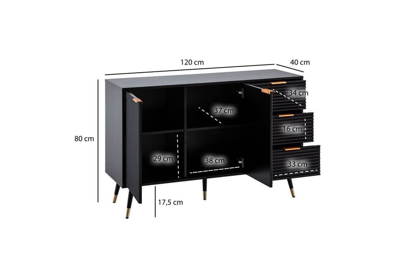 Sideboard Wohnling Folierad spånskiva ekoptik 120 cm 2 dörrar 3 lådor modern - Möbler - Bord & matgrupper - Avlastningsbord - Brickbord & småbord