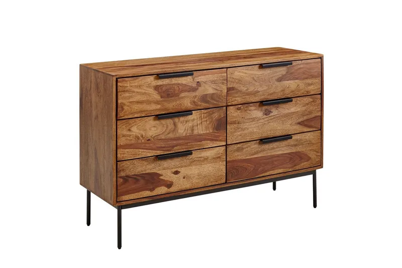 Sideboard Wohnling Massivt trä 117 cm 6 lådor filigrant metallben lantligt stil, undefined
